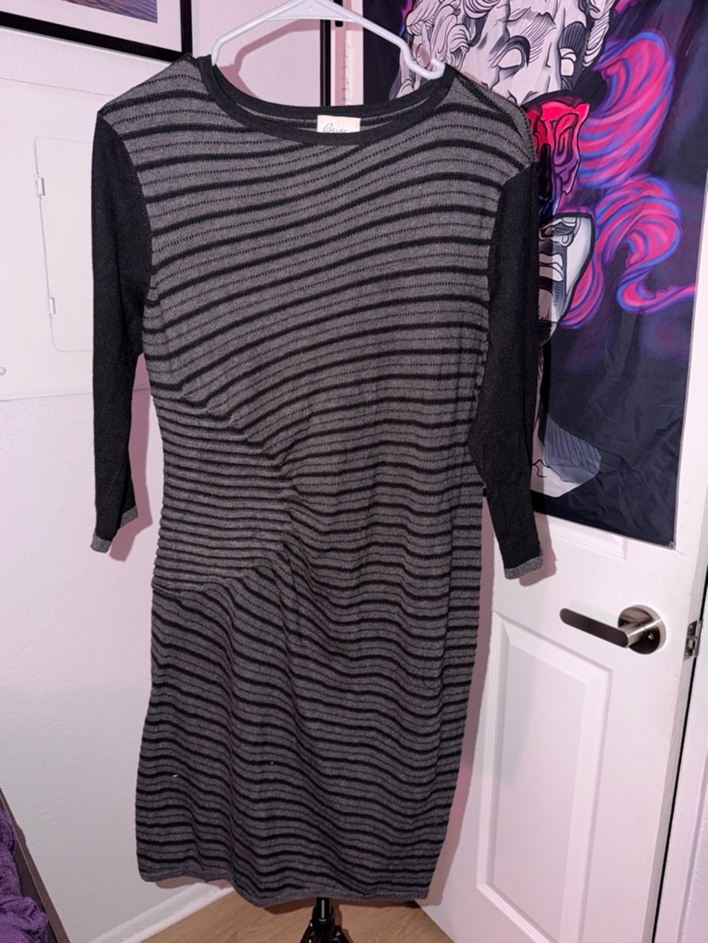 Beige by eci Black & Gray Striped Knit Midi Dress